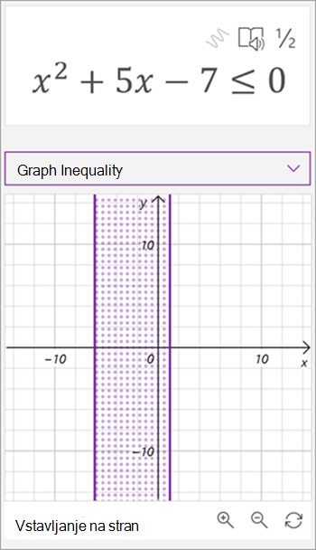 screenshot of math assistant generated graph for the inequality x squared plus 5x - 7 is less or equal to 0. a shaded area between two vertical lines is shown on the graph