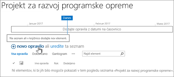 Časovnica opravil – kliknite »Novo +«, da dodate opravilo