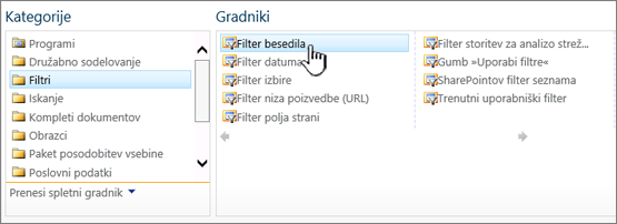 Izbiranje spletnega gradnika filtra besedila