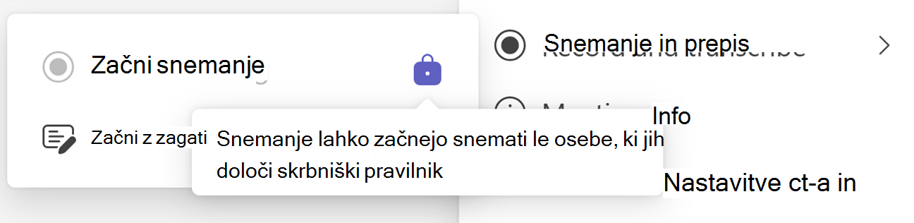 Posnetek zaslona gumba »Začni snemanje« v aplikaciji Teams z ikono ključavnice in opisom orodja