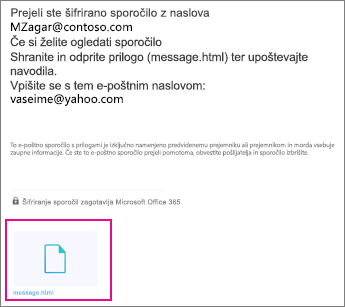 Pregledovalnik za šifrirana sporočila v storitvi Office 365 s storitvijo Yahoo 1