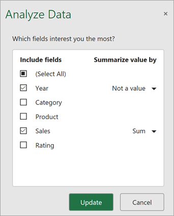 Izberite polja, ki jih želite vključiti in posodobiti, da dobite nova priporočila.