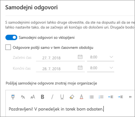Ustvarjanje odgovorov za odsotnost v Outlooku v spletu