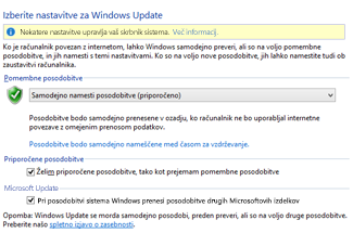 »Nastavitve Windows Update« operacijskega sistema Windows 8 na nadzorni plošči