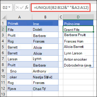 Uporaba funkcije UNIQUE z več obsegi za združevanje stolpcev z imenom/priimkom v polno ime.