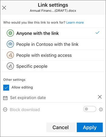 Link sharing options for OneDrive za podjetja in the iOS mobile app