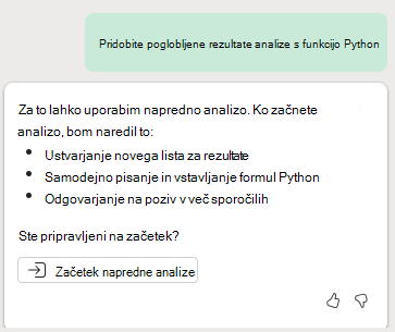 Posnetek zaslona, na katerem je prikazan poziv za začetek napredne analize Copilot v aplikaciji Excel s funkcijo Python.