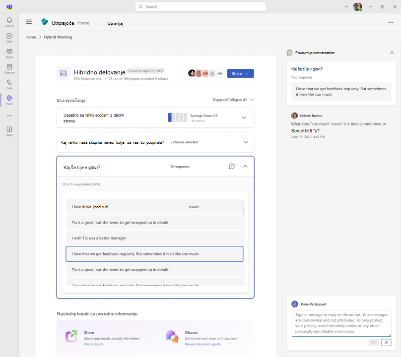 Slika, ki prikazuje, kako se udeleženci storitve Pulse lahko odzovejo na pogovore v poročilih storitve Pulse