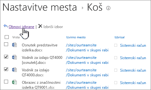 Koš druge ravni programa SharePoint 2013 z označenim gumbom »Obnovi«