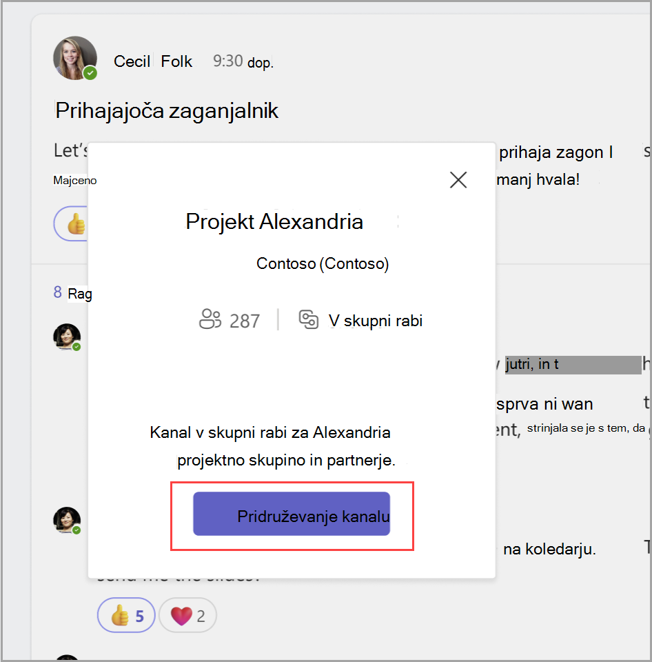 Kanalu v skupni rabi se pridružite tako, da izberete Pridruži se kanalu, ko kliknete povezavo do sporočila.