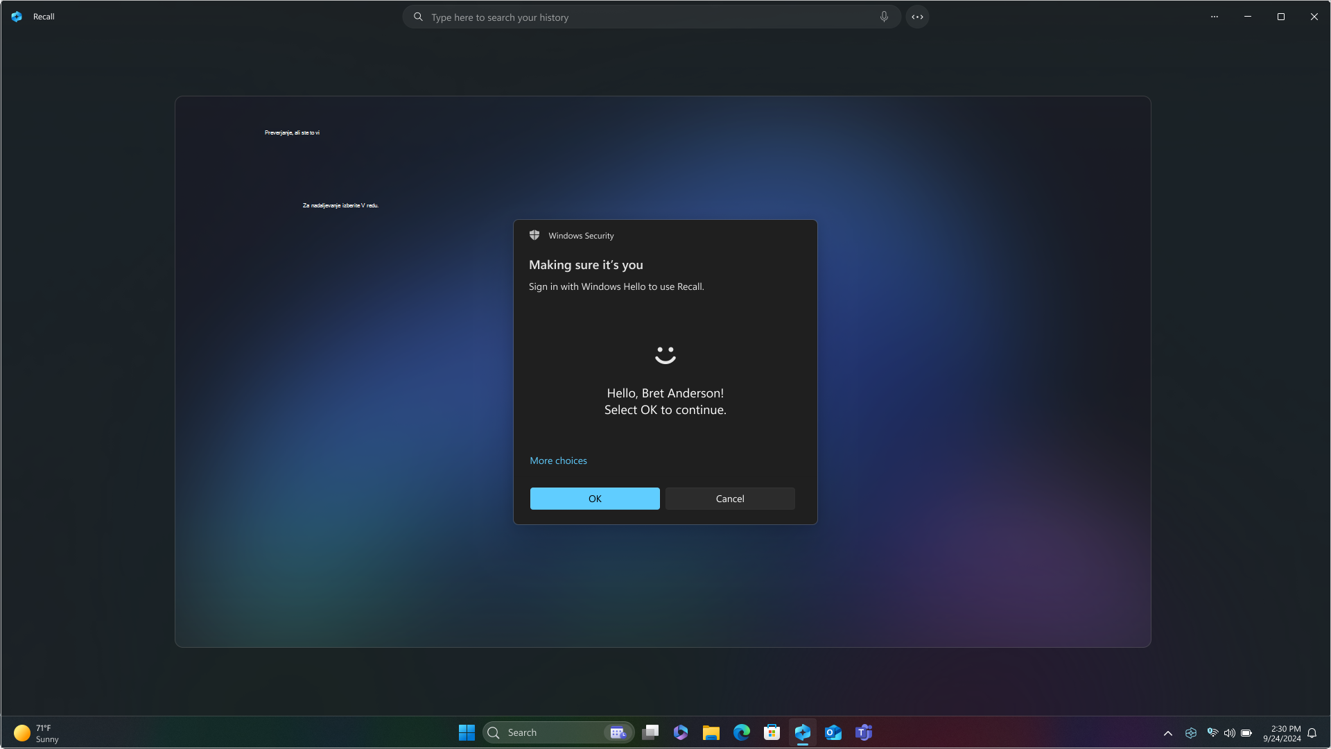 Posnetek zaslona Windows Hello, ki uporabnika prosi, naj preveri pristnost za dostop Spomin.