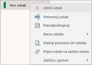 Posnetek zaslona priročnega menija za brisanje zavihka razdelka v OneNotu za Windows 10.