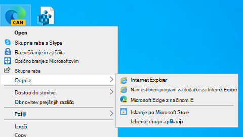 Ko z desno tipko miške kliknete ikono datoteke VSDX, meni vključuje možnost odpiranja datoteke za »Microsoft Edge z načinom IE«.