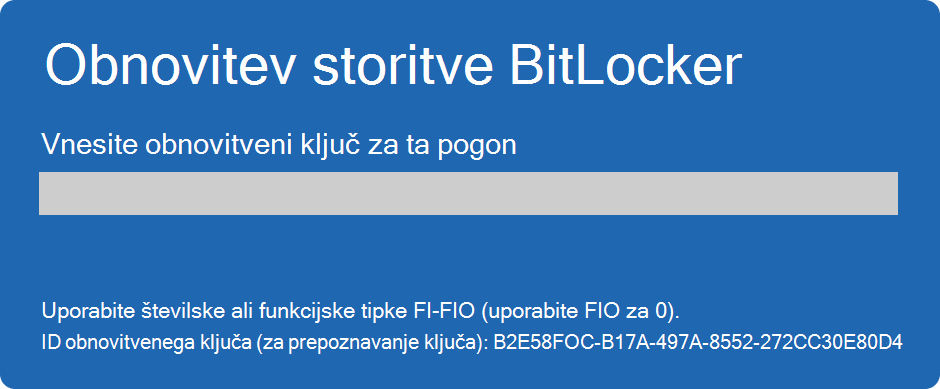 Posnetek zaslona za obnovitev funkcije BitLocker.