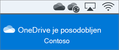 Posnetek zaslona, na katerem je prikazana storitev OneDrive v menijski vrstici v računalniku Mac, ko dokončate čarovnika »Dobrodošli v storitvi OneDrive«