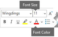 Plavajoča orodna vrstica Oblika vključuje možnosti za Velikost pisave in Barva pisave.