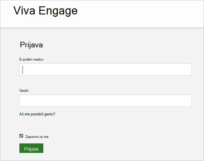Posnetek zaslona, na katerem je prikazan zaslon, kjer vnesete e-poštni naslov in geslo, Viva Engage račun.