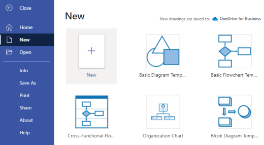 The Templates menu in Visio for the web