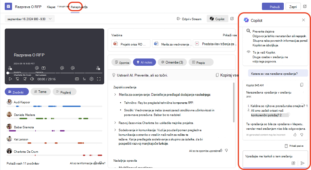 Copilot v povzetku srečanja spremenjen