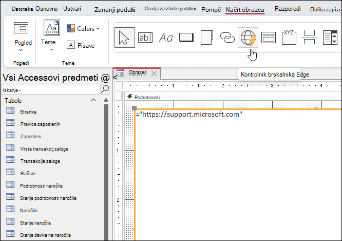 Edge Browser Control button being clicked in the Form Design ribbon tab in Microsoft Access