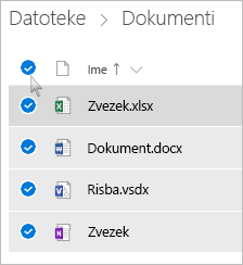 Posnetek zaslona, ki prikazuje izbiranje vseh datotek in map v storitvi OneDrive