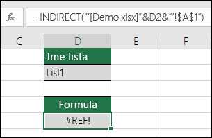 Primer napake #REF! zaradi sklicevanja na zaprt delovni zvezek v funkciji INDIRECT.