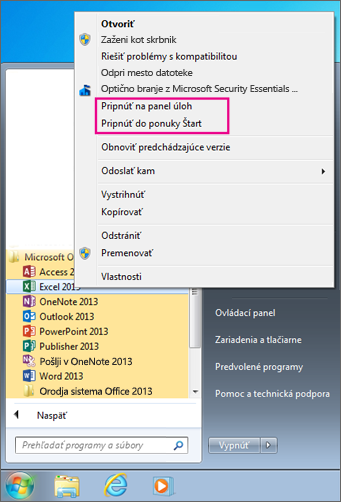 Pripnite Officeov program v meni »Start« ali v opravilno vrstico v sistemu Windows 7.