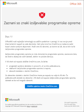 Posnetek zaslona Microsoftovega e-poštnega sporočila o zaznavanju izsiljevalske programske opreme