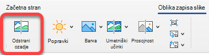 Možnost »Odstrani sliko« je na zavihku »Oblika slike« v Officeovih aplikacijah.