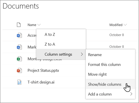 The Column settings > Show/hide columns option when a column heading is selected in a modern SharePoint list or library
