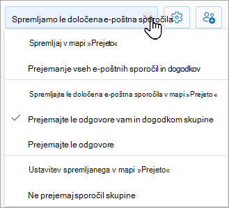 Na spustnem seznamu so prikazane te možnosti: sledite mapi »Prejeto«, sledite le določenim e-poštnim sporočilom v mapi »Prejeto« ali pa ustavite spremljanje v mapi »Prejeto«.