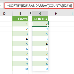 Funkcijo SORTBY lahko uporabite s funkcijo RANDARRAY in COUNTA. V tem primeru se celica E2# sklicuje na celoten obseg z začetkom v celici E2, saj so bile vrednosti vnesene s funkcijo =SEQUENCE(10). Znak # se imenuje operator prelitega obsega.