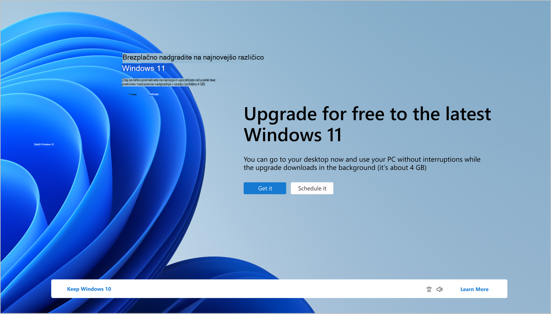 Posnetek zaslona obvestila o tem, da lahko računalnik brezplačno nadgradite na Windows 11.