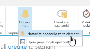 Možnost »Nastavi opozorilo za ta element« z označenim elementom v programu SharePoint 2016