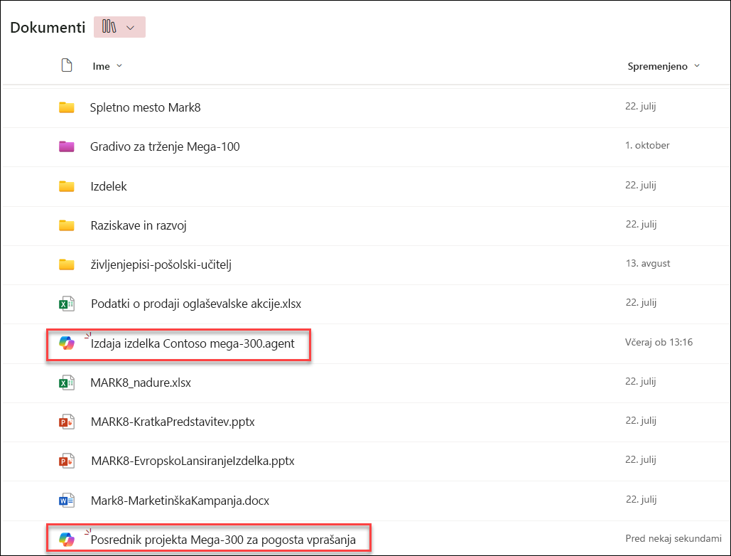 posnetek zaslona agentov storitve Copilot, shranjenih v trenutno mapo knjižnice dokumentov