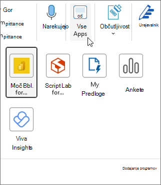 Pojavni meni »Vsi programi« v Outlooku za Windows.