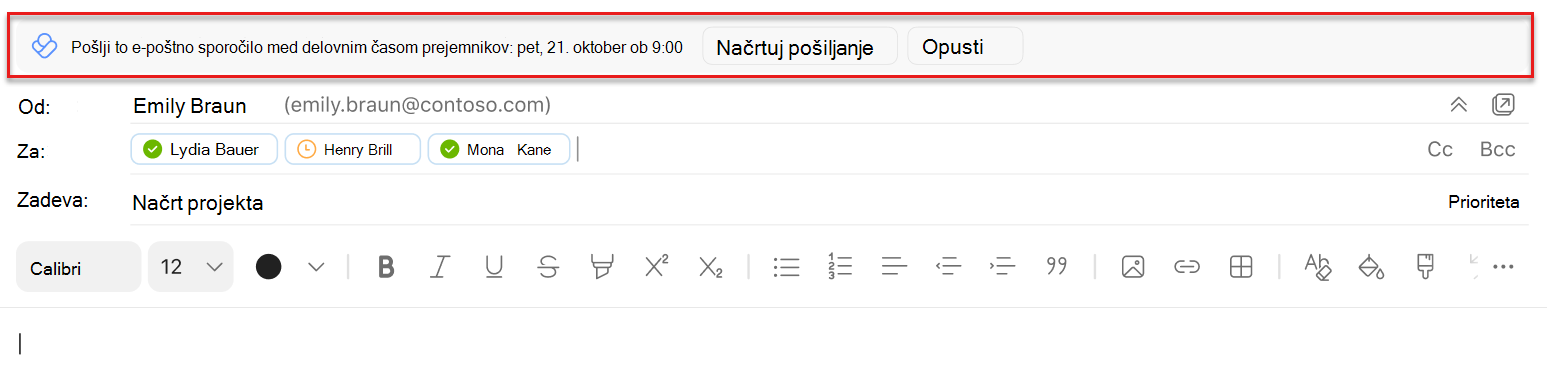 Posnetek zaslona predloga za pošiljanje urnika v programu Outlook Mac, označenega nad vrstico »Od«