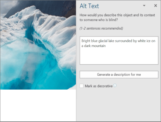 New Alt Text dialog box showing autogenerated alt text in Word
