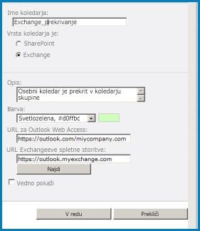 Posnetek zaslona s pogovornim oknom prekrivanja koledarja v SharePointu. V pogovornem oknu je prikazano ime koledarja, vrsta koledarja (Exchange) in URL-ji za Outlook Web Access in Exchange Web Access.