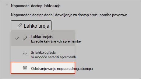 Posnetek zaslona OneNota, ki prikazuje, kako odstranite neposredni dostop do skupne rabe