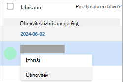 Posnetek zaslona izbrisanega stika in izbira možnosti »Obnovi« na spustnem seznamu