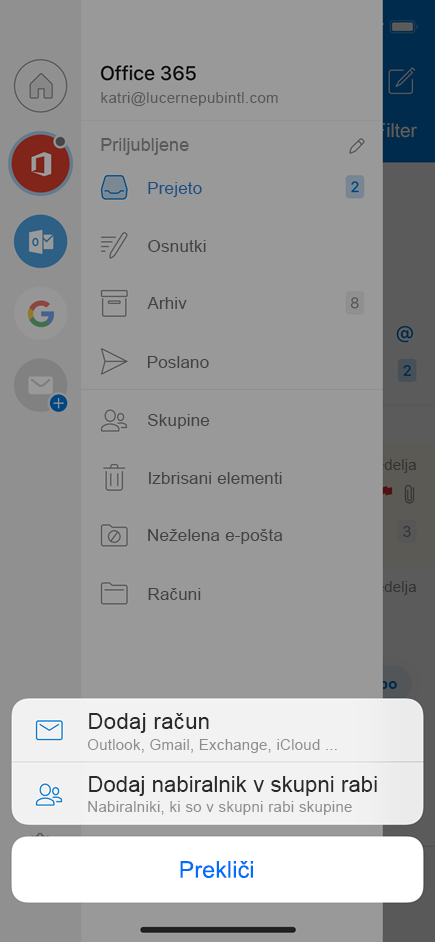 Dodajanje nabiralnika v skupni rabi v Outlook Mobile.