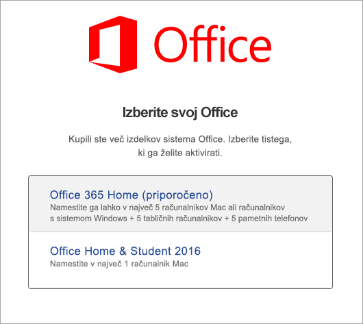 Izberite vrsto licence Office 2016 for Mac