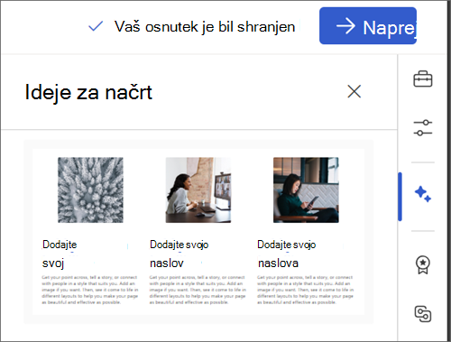 Posnetek zaslona izbrane ikone »Ideje za načrt«.