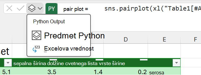 Če želite spremeniti vrsto izhoda, uporabite meni izhoda Python zraven vnosne vrstice.