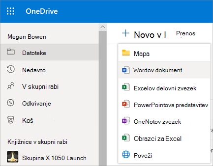 Nova datoteka ali meni mape v storitvi OneDrive za podjetja
