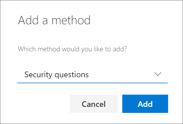 Add method box, with security questions selected