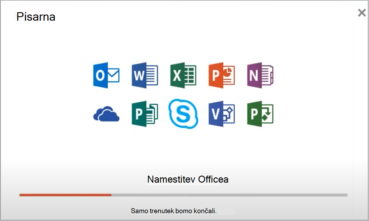 Posnetek zaslona namestitve Officeove aplikacije