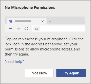 Pogovorno okno z napako »Brez dovoljenj za mikrofon« v aplikaciji Copilot.