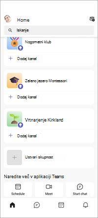 Mobilni zaslon brezplačnih skupnosti v aplikaciji Teams